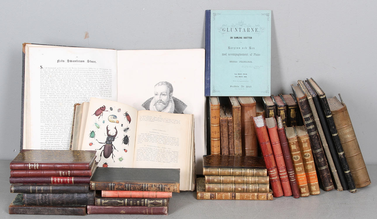 PARTI BÖCKER, bland annat allmän naturhistoria 1850, Svenska skämtlynne med flera, 1800 tal.