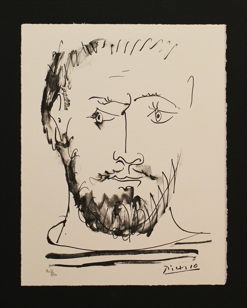 PABLO PICASSO. EFTER. "Visage d´homme, de face, trait et lavis". Litografi. Signerad Picasso i trycket. 103/800.