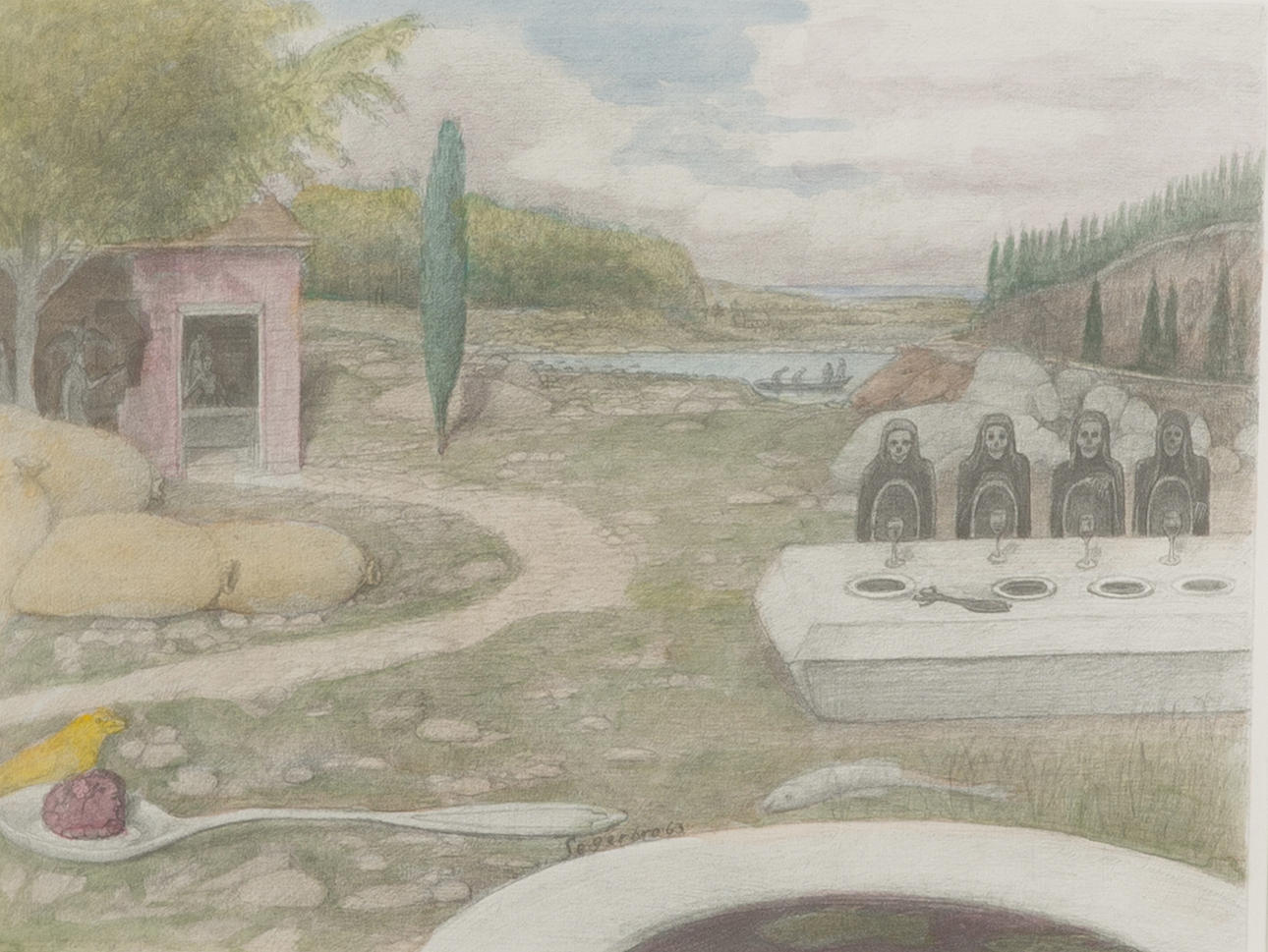 CARL OSKAR SEGERBRO. Composition with diners, hand-colored lithograph, signed 1979.