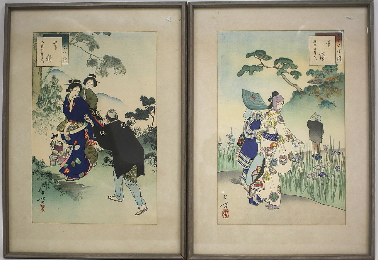 OIDENTIFIERAD KONSTNÄR. Estampado, 2 piezas, mujeres japonesas.