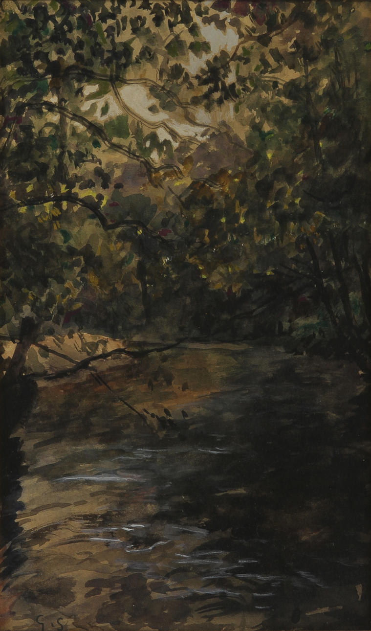 GEORG STOOPENDAAL. blandteknik på papper uppklistrad på pannå, monogramsign.