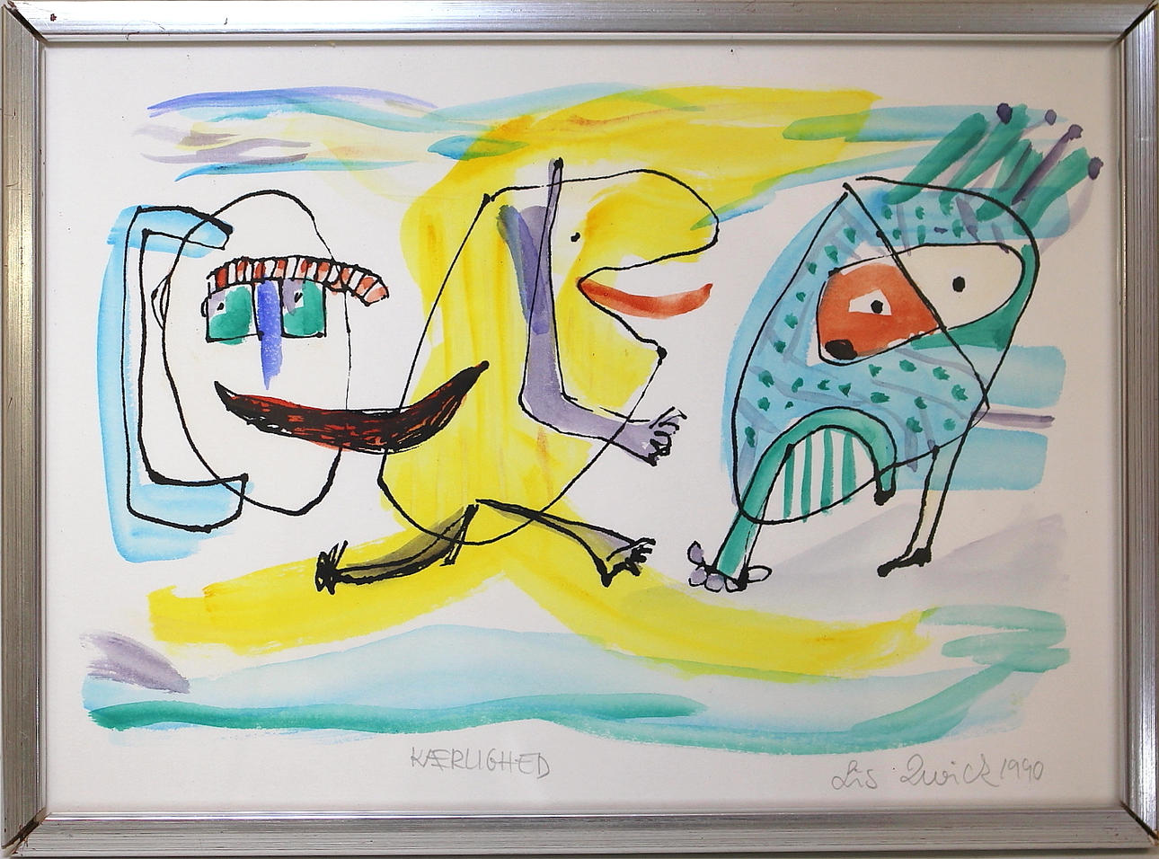 LIZ SWICK. hand-colored serigraphy "Kaerlighed" signed, dated 1990.