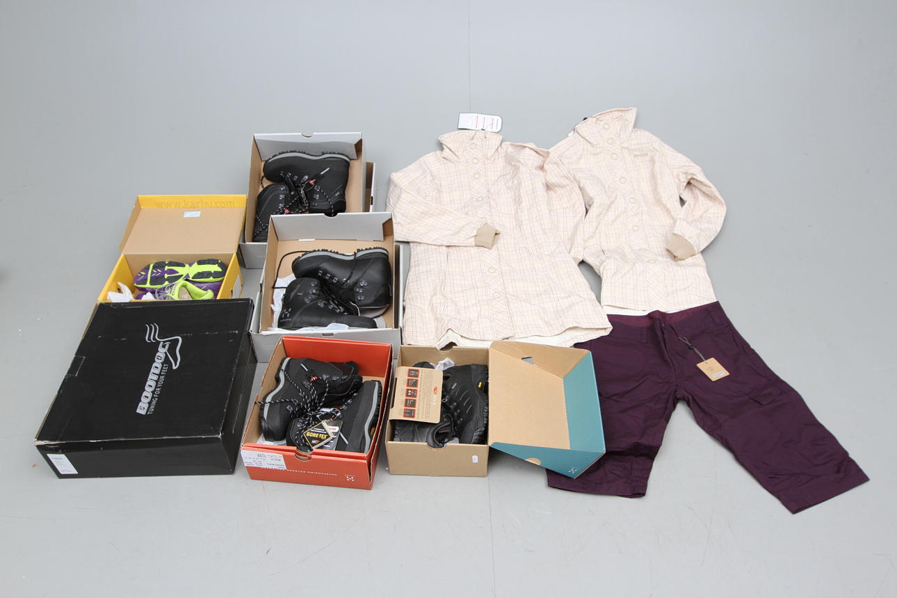 SKOR och KLÄDER, bl.a. Haglöfs, Karhu, Bergans. Konkurs efter Uteliv Linköping.