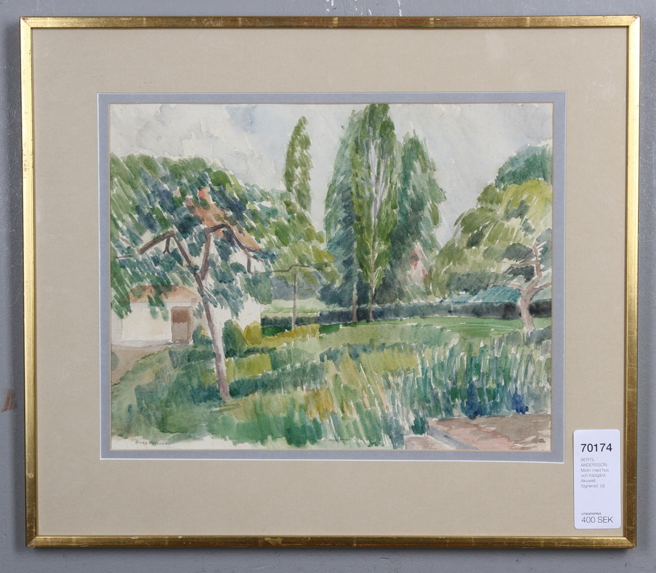 BERTIL ANDERSSON. Motiv med hus och trädgård. Akvarell. Signerad.