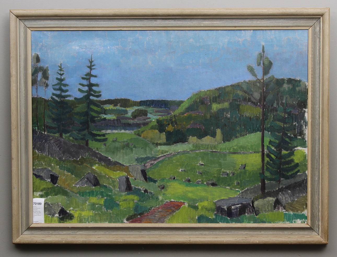 BERTIL ANDERSSON. Böljande landskap med stenar och träd. Olja på duk. Signerad BA52.