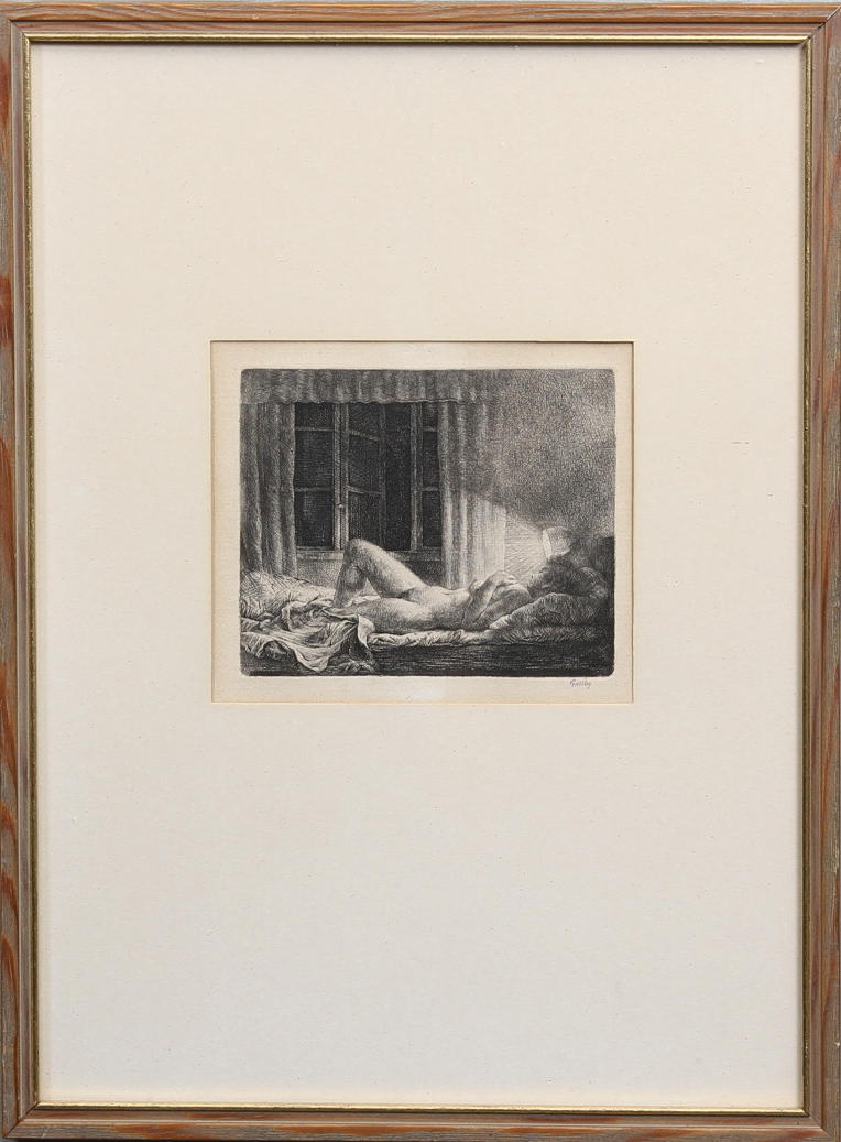 FOLKE GULLBY. "Midsommarnattsfönster", etsning, sign.