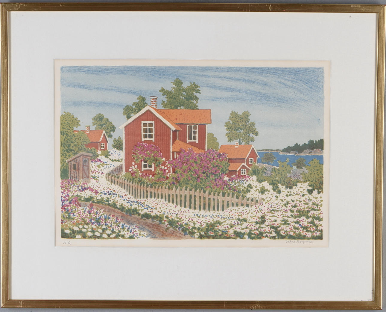 OSKAR BERGMAN. Sommarbild, färglitografi, signerad samt H.C.