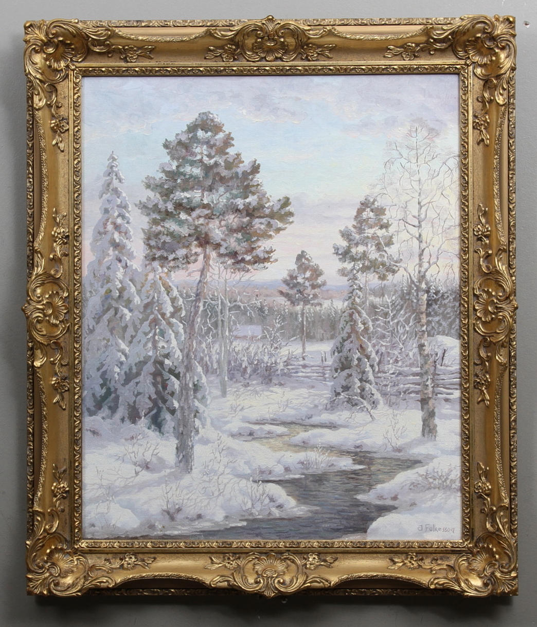 JAN-OLOF FOLKESSON. Vinterlandskap med gärdesgård och bäck. Olja på duk. Signerad J.Folkesson.