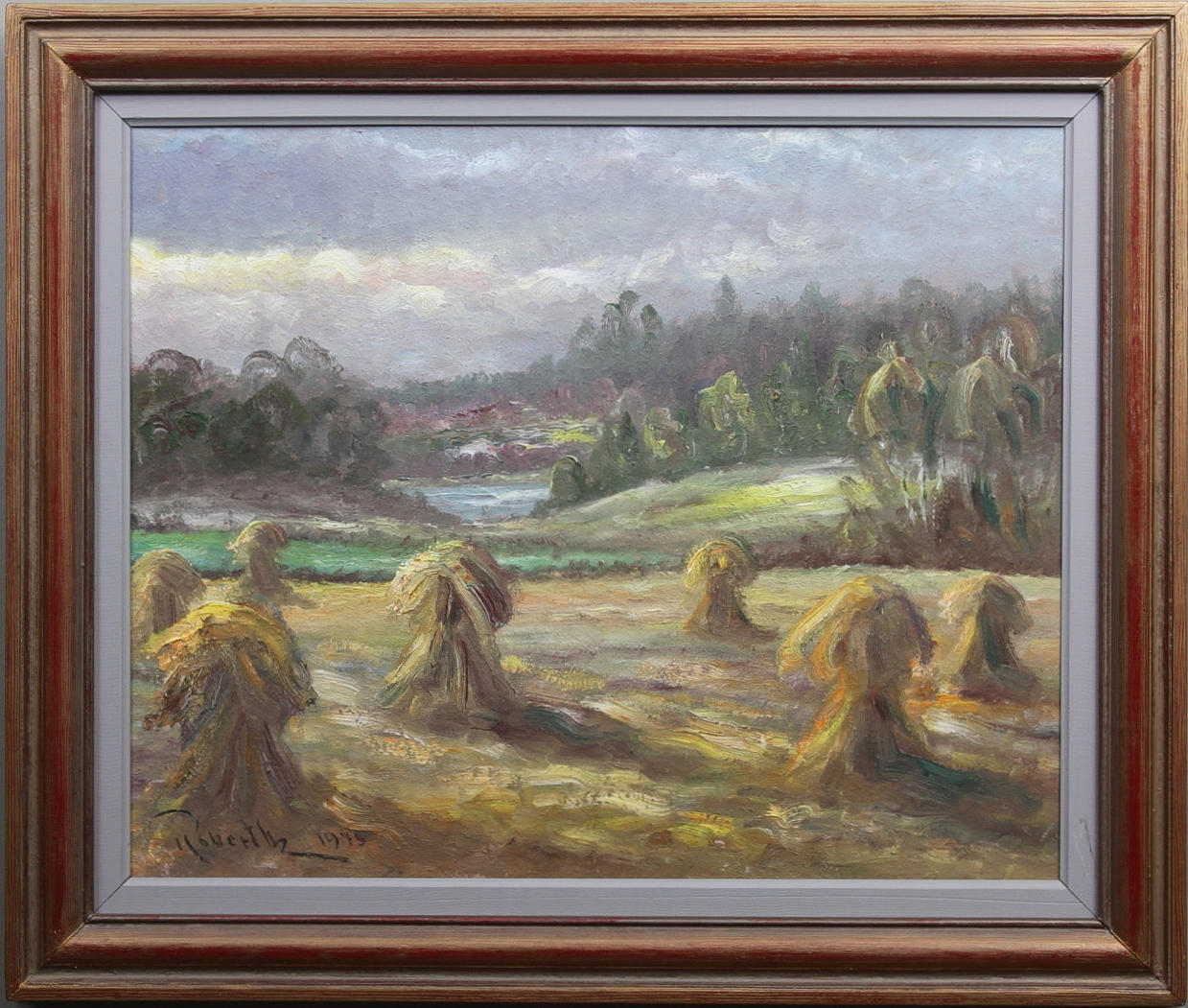 ROBERTH KARLSSON. Skördelandskap. Olja på pannå. Signerad Roberth och daterad 1975.