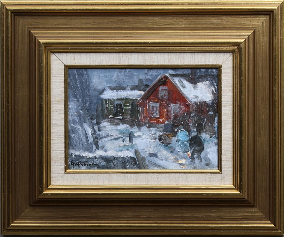 ÅKE WICKSTRÖM. Vinterlandskap med rött hus. Olja på duk. Signerad Å.Wickström.