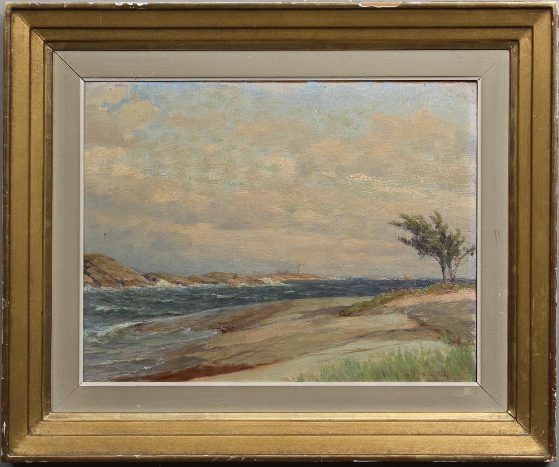 GUSTAF SJÖBERG. Skärgårdslandskap med fyr. Olja på duk, uppklistrad. Signerad och daterad 1937.