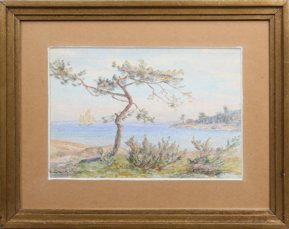 GUSTAF SJÖBERG. Skärgårdsbild, 1935. Akvarell. Signerad.