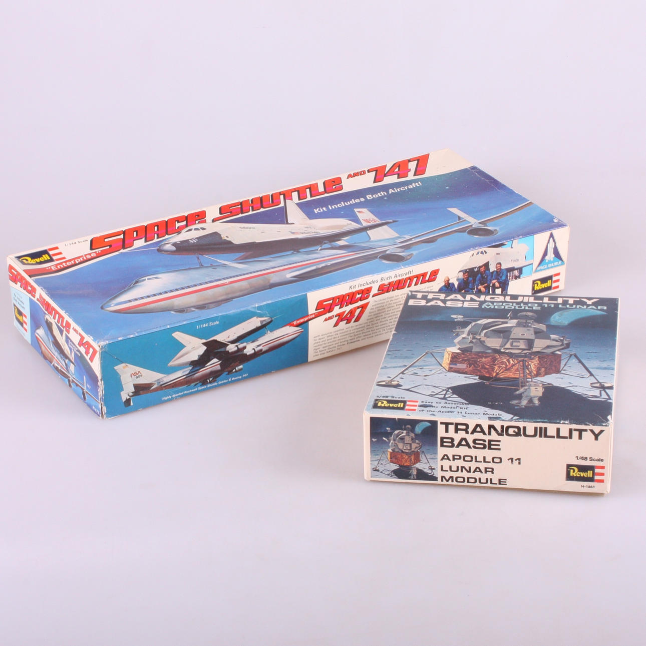 MODEL BUILDING KITS, 2 pcs, plastic, tranquility base, apollo 11 lunar module, revell and space shuttle and 747.