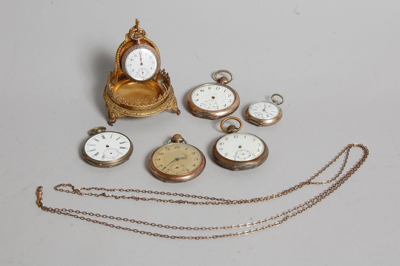 FICKUR, 6 st, dam, herr, silver, mässing, 1 st KLOCKSTÄLL, 1 st KEDJA.