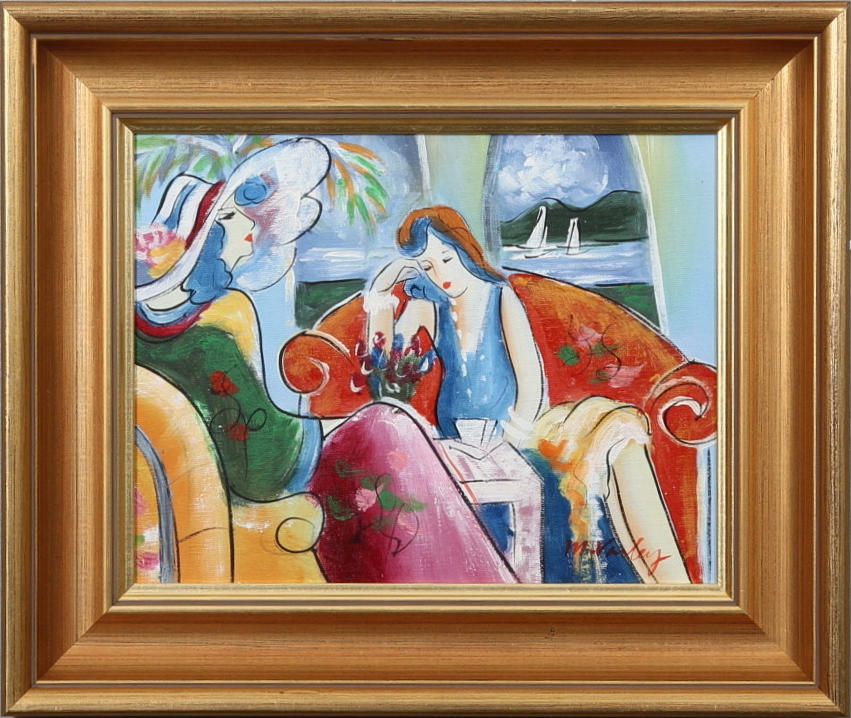 M.VARLEY. Motiv med samspråkande damer, Olja på duk. Signerad M.Varley.