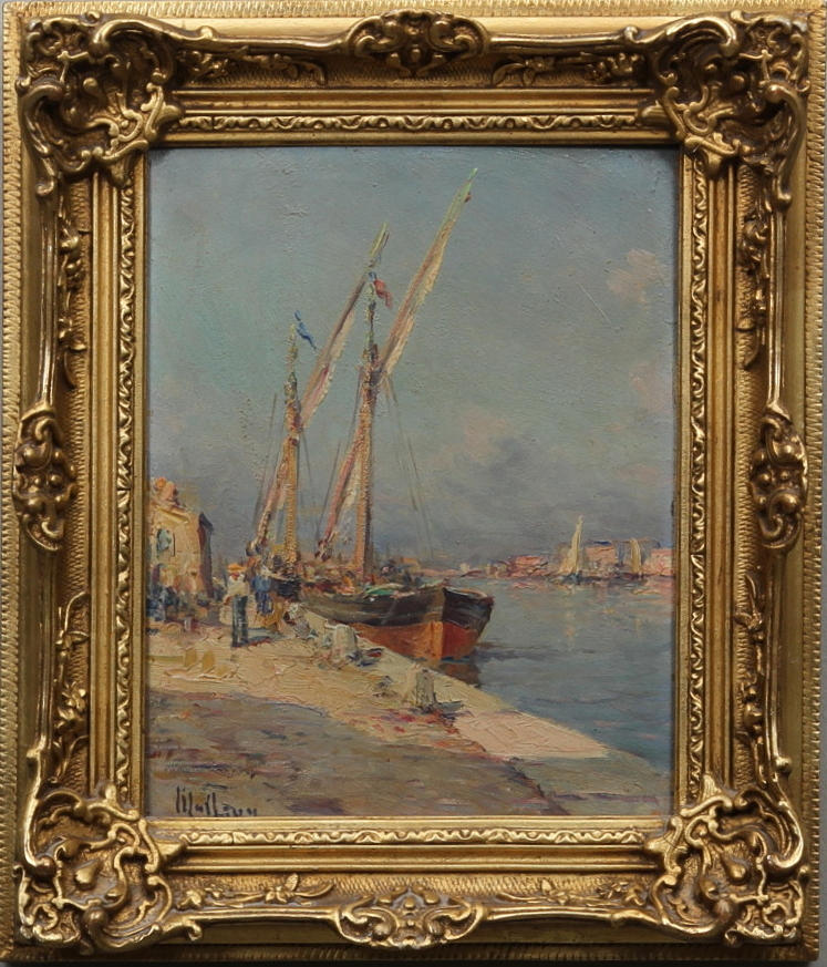 CHARLES MALFROY. 1862-1918, Frankrike. 2 st. Hamnvyer med segelfartyg. Olja på pannå. Signerade Malfroy.
