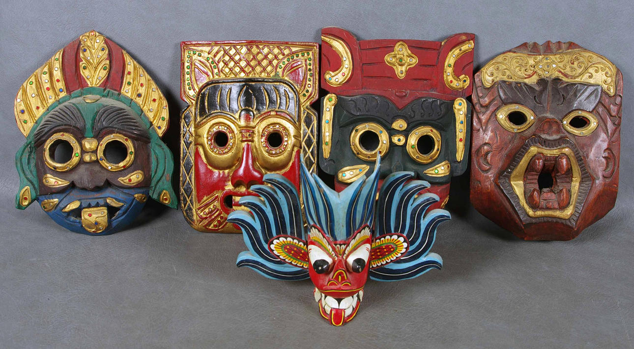 TRÄMASKER, 5 stycken, Sydamerika, 1900-tal.