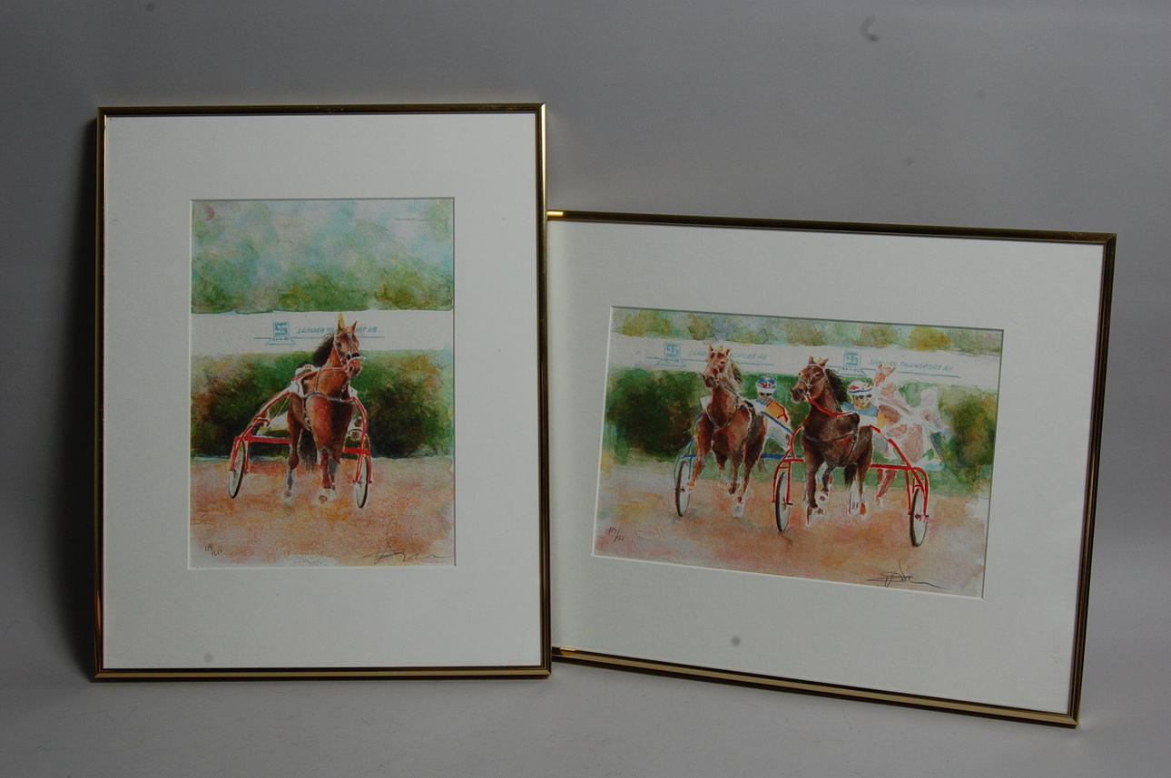 OTYDLIGT SIGNERAD. färglitografier, 2 st, " Trav "signerade, numrerade 119/200.