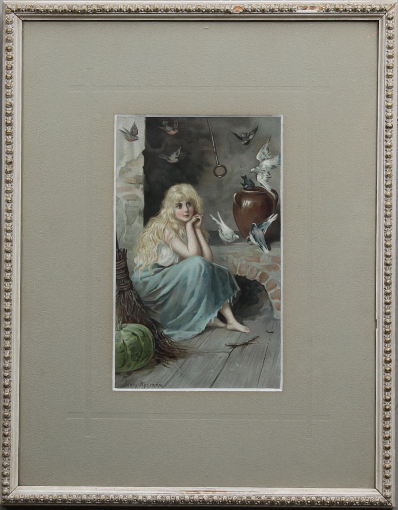 JENNY NYSTRÖM. Flicka och duvor. Oljetryck efter. 1900-tal.