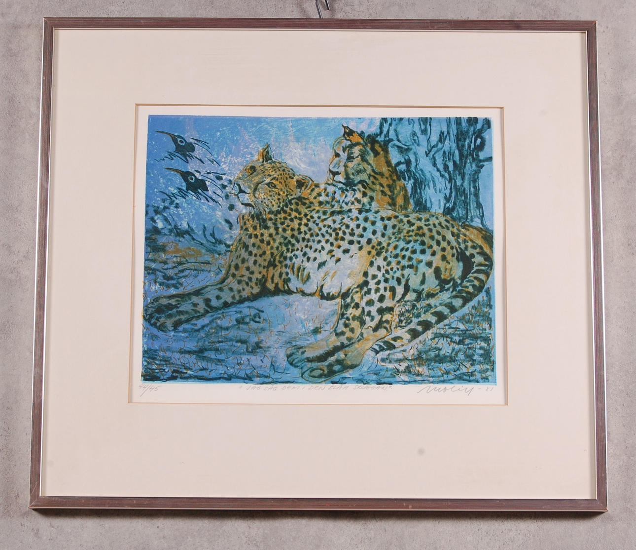 BRITA MOLIN. färglitografi, " Jag såg dem i den blåa skuggan ", signerad, numrerad, 44/45, daterad -81.