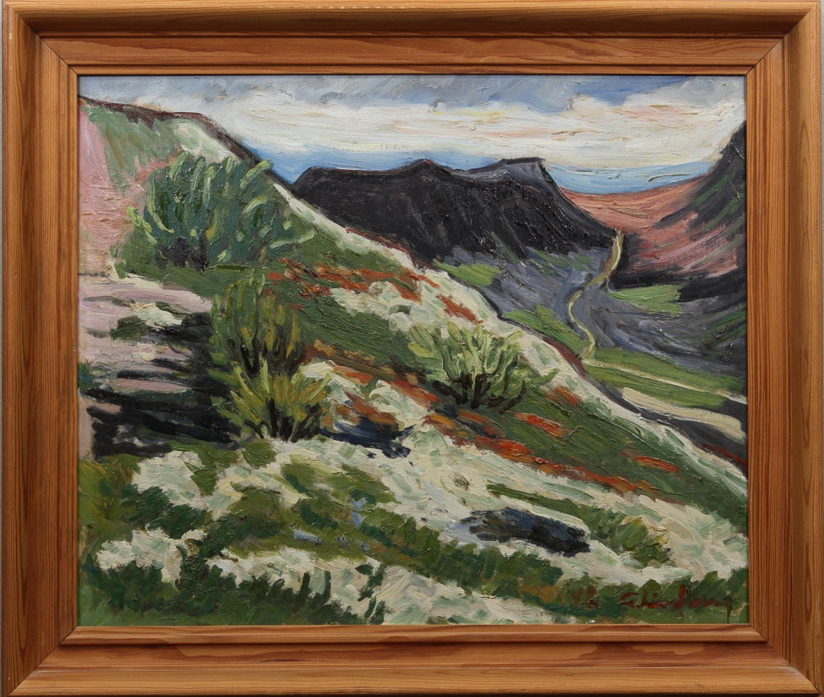 GUNNAR LINDBERG. "Mot ormberget". Olja på pannå. Signerad och daterad 49.