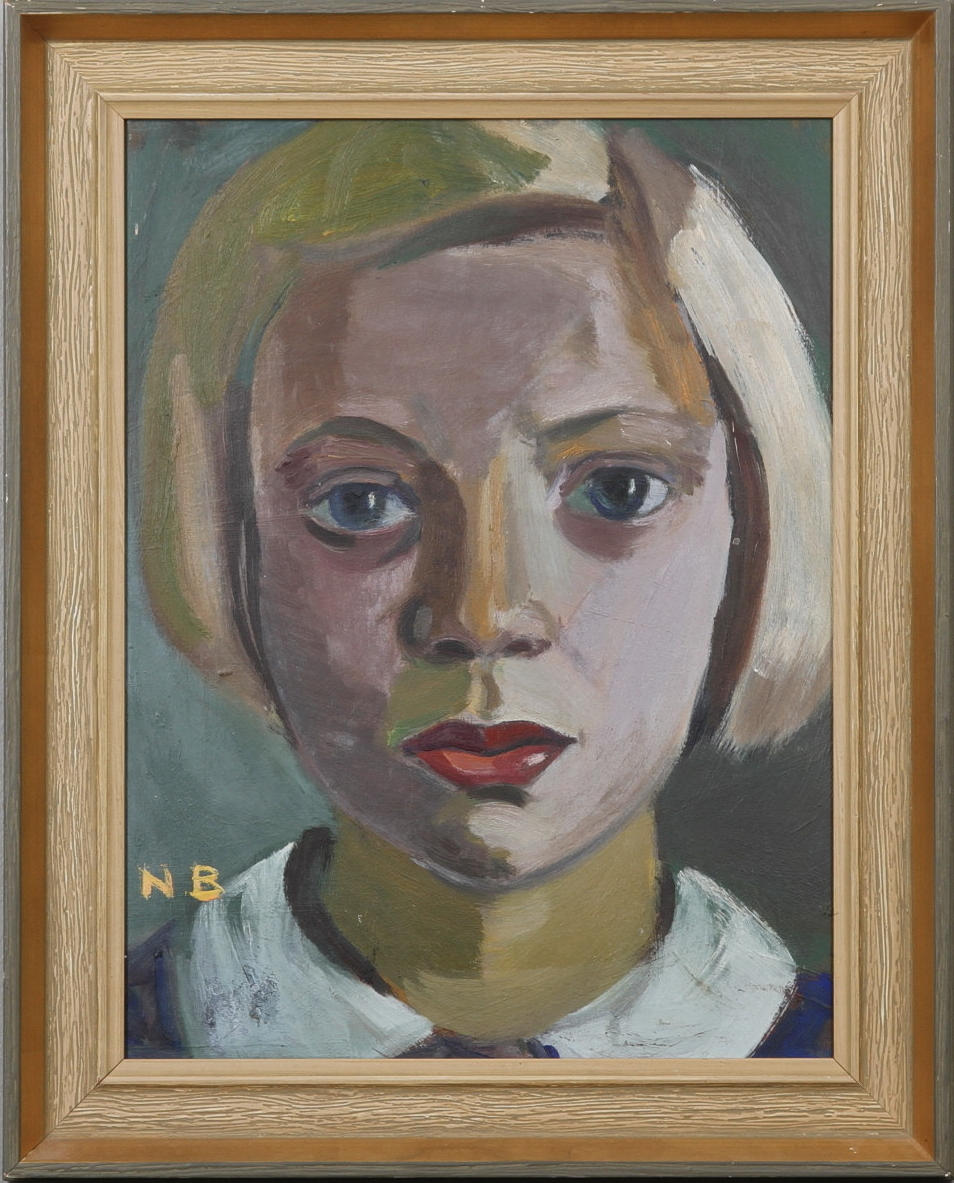 NILS BRINGFELT. Porträtt av flicka. Olja på pannå. Signerad NB. A tergo 1944.