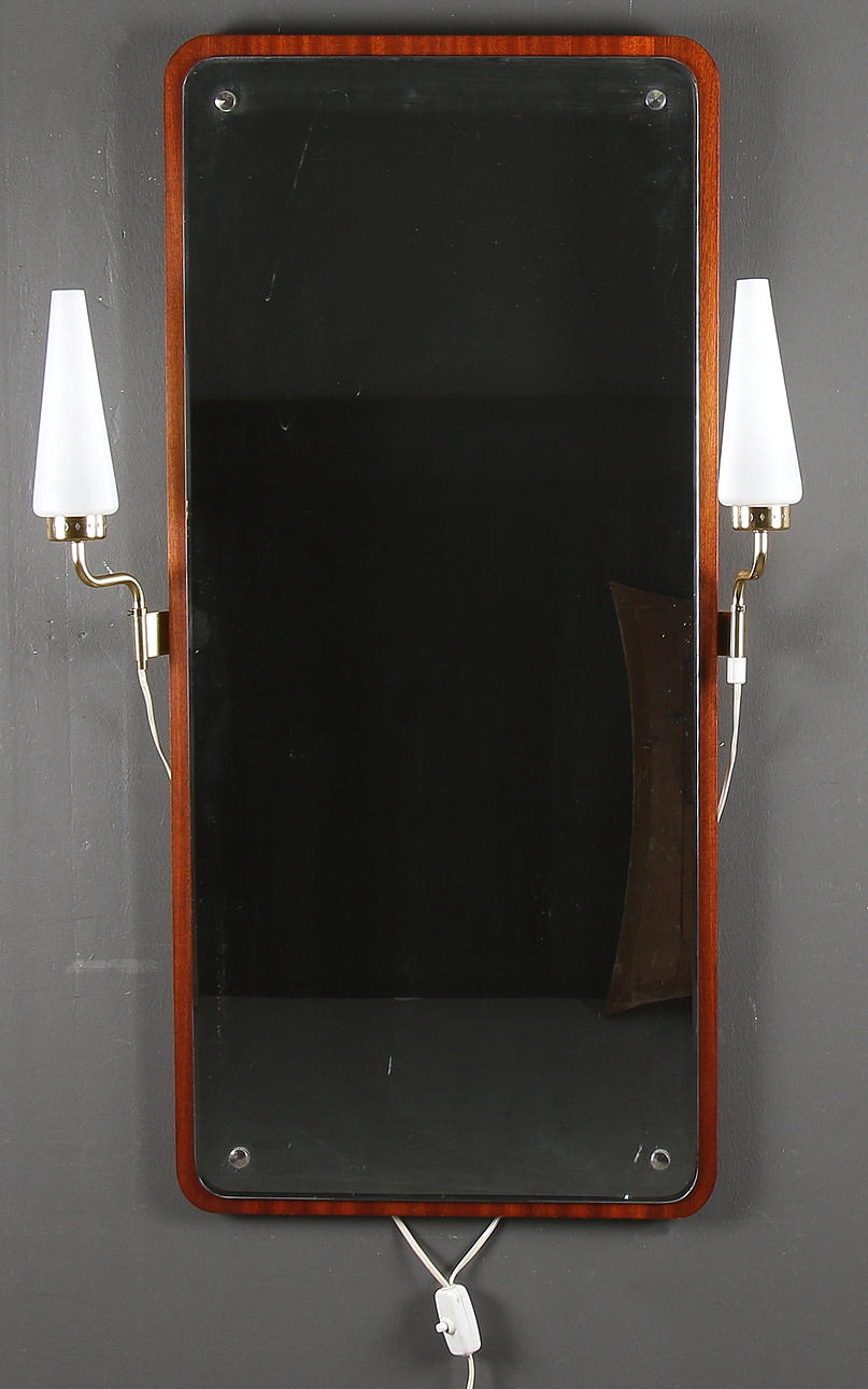 MIRROR with LIGHTING, teak, mid-20th century.