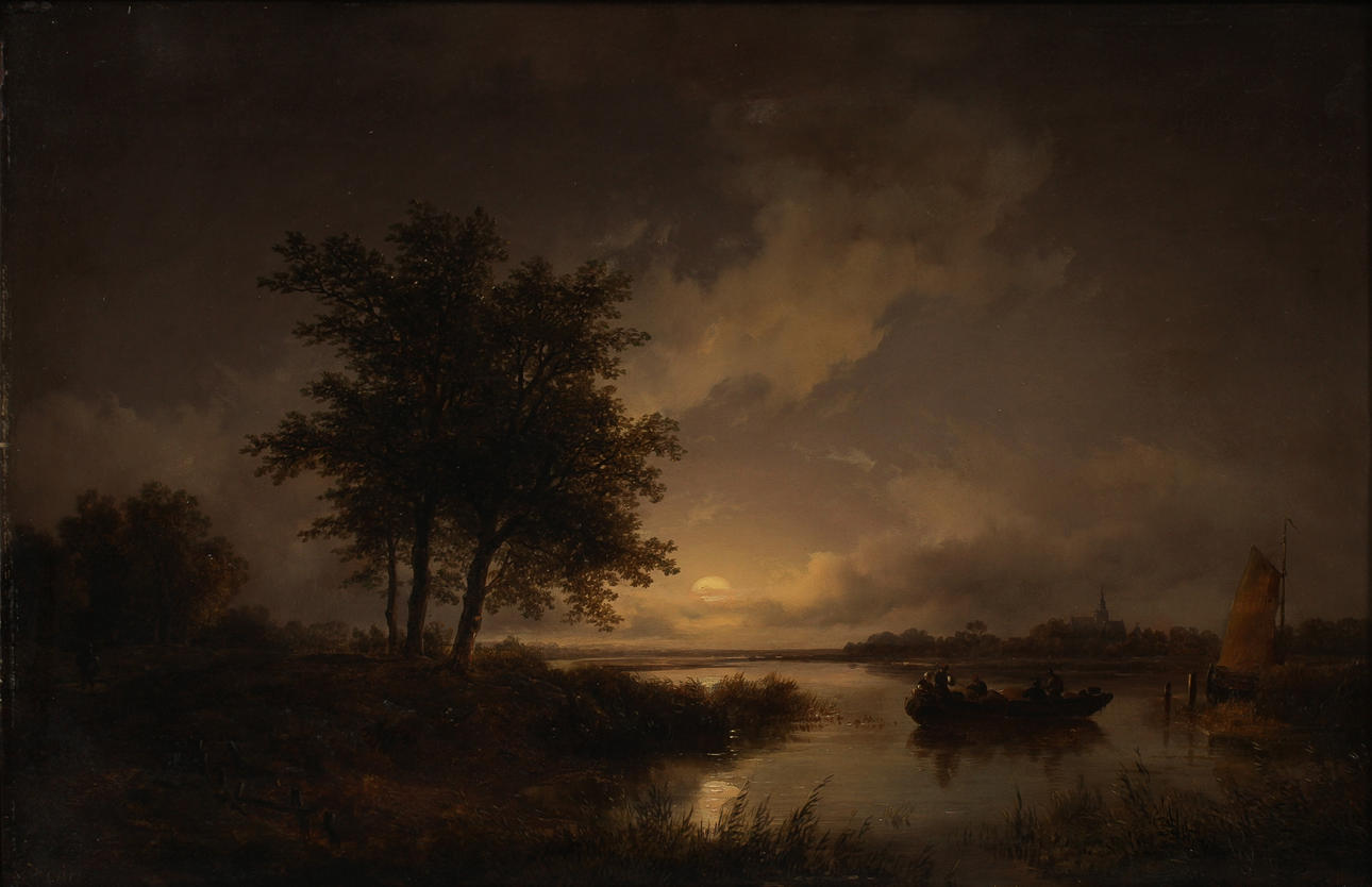 OKÄND KONSTNÄR, olja på träpannå. Sjölandskap med figurer.