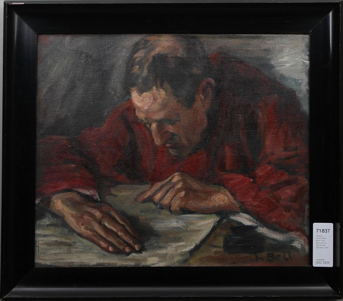 OKÄND KONSTNÄR. Motiv med läsande man. Olja på duk. Signerad J.Bell.