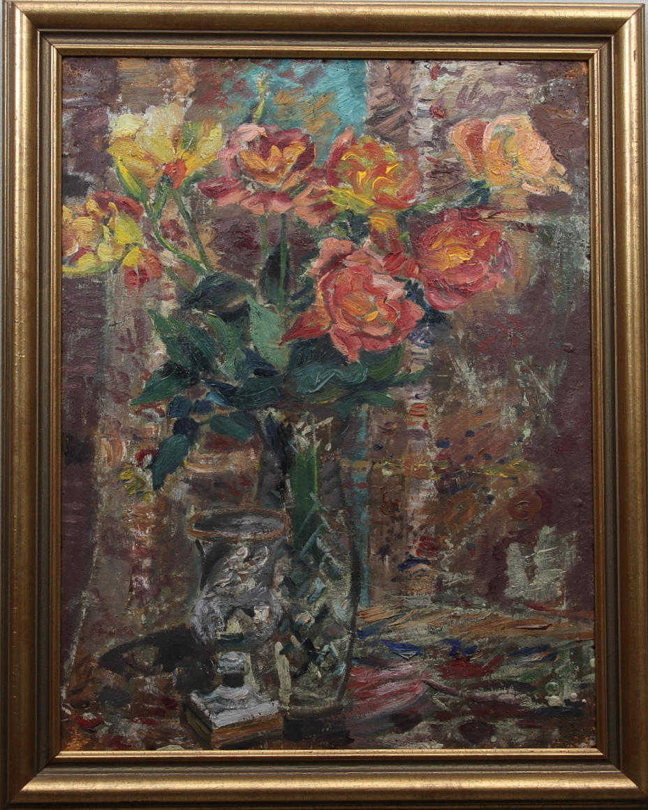 LEOO VERDE. Stilleben med rosor och pokalglas. Olja på pannå. Signerad Leoo a tergo.