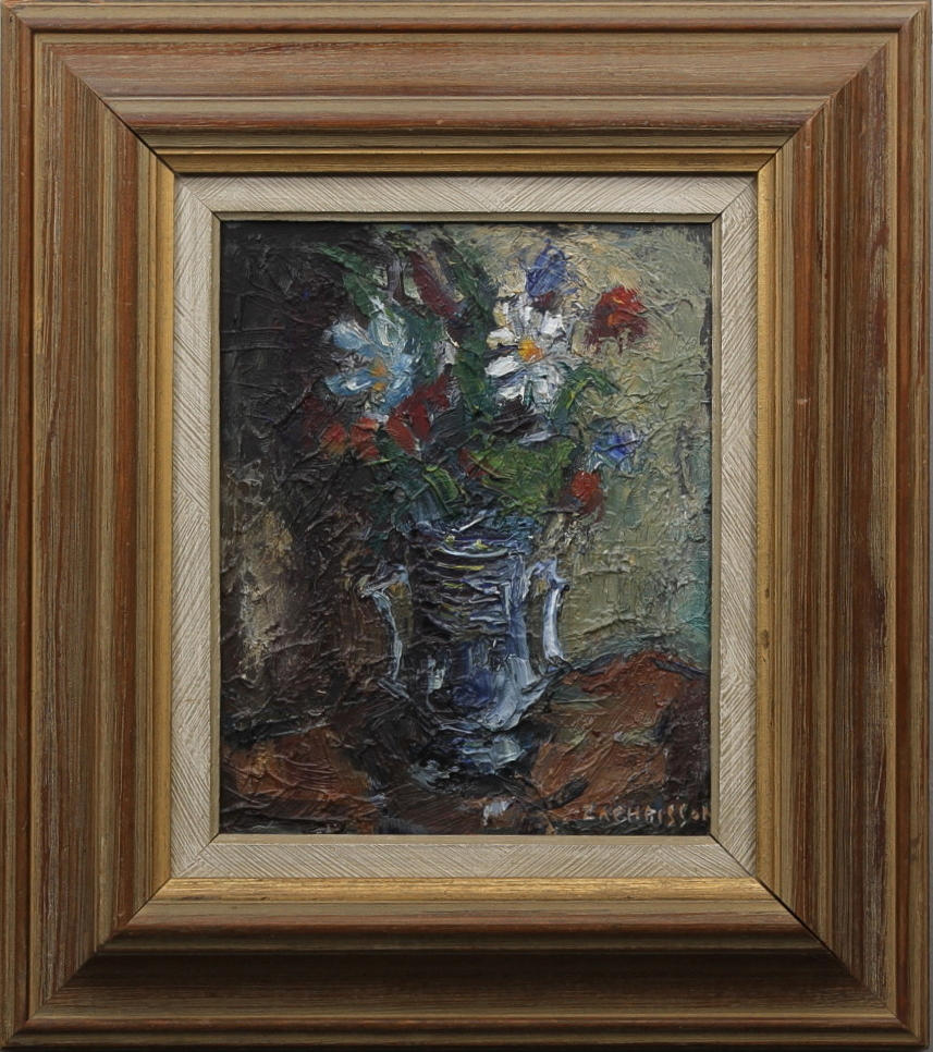 PEO ZACHRISSON. "Blommor i mormors vas". Olja på pannå. Signerad Zachrisson.