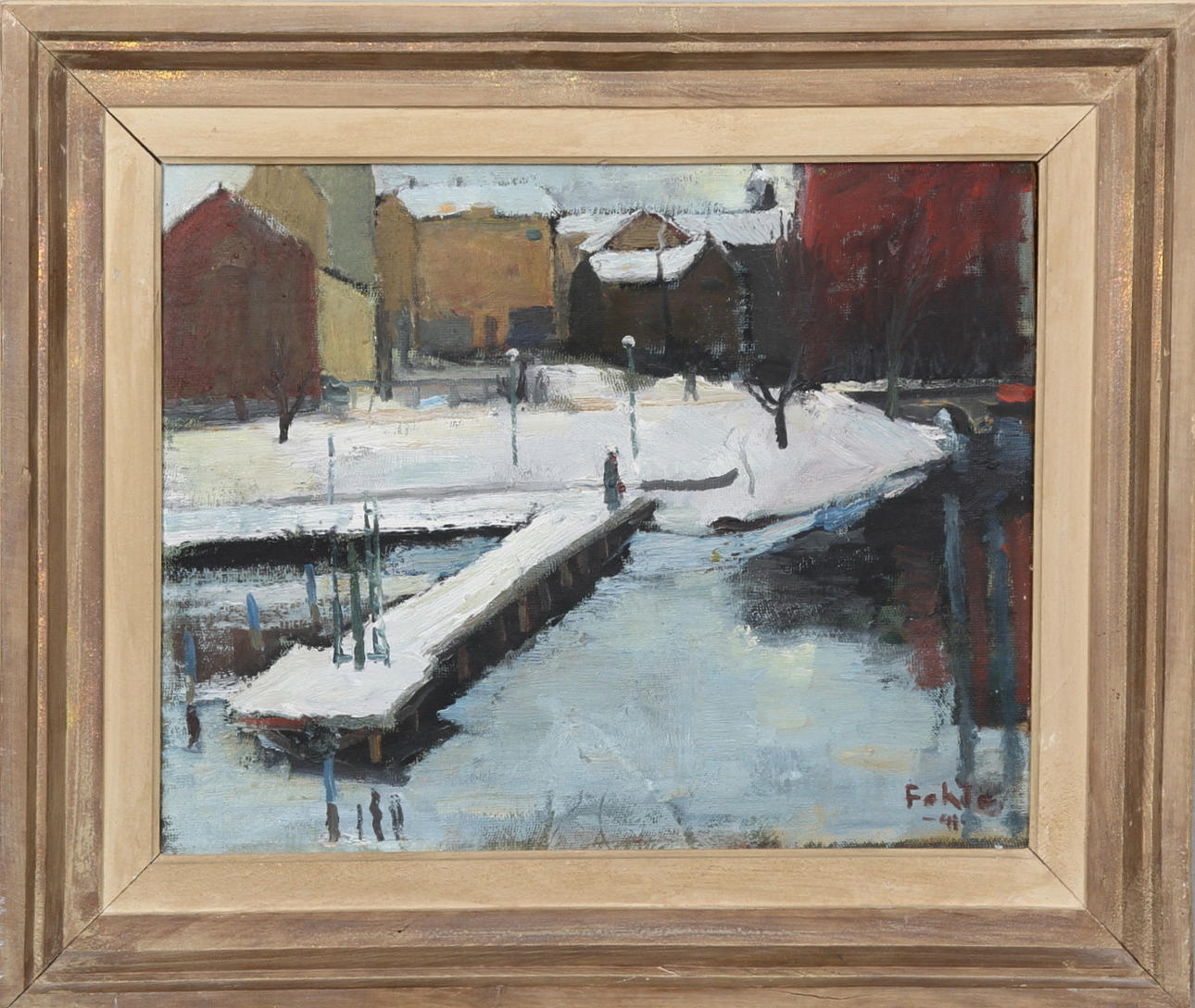 GUSTAF ADOLF FAHLE. "Vinter, Norrköping". Olja på pannå. Signerad Fahle och daterad -41.