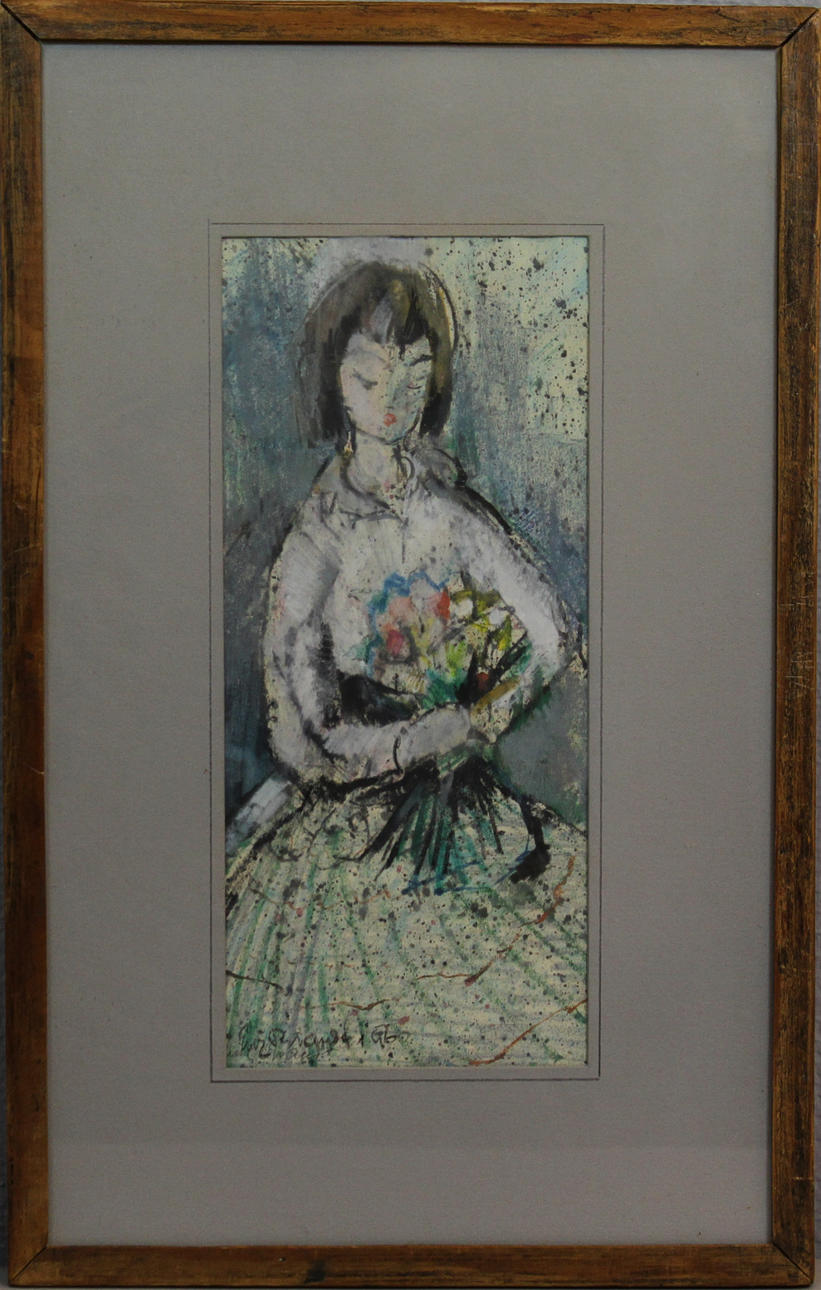 ERIK BRANDT. Flicka med handplockade blommor. Pastell. Signerad och daterad -56.