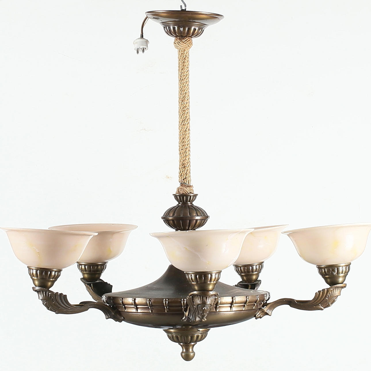 DECKENLAMPE, Metall/Glaskuppeln, 5 Arme, Mitte 20. Jahrhundert.