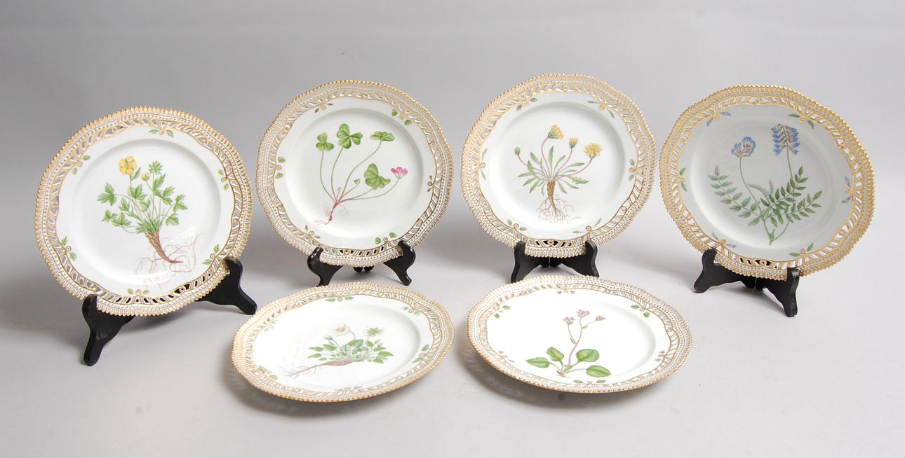 ASSIETTER, 6 delar, porslin," Flora Danica " Royal Copenhagen, 1900-tal.