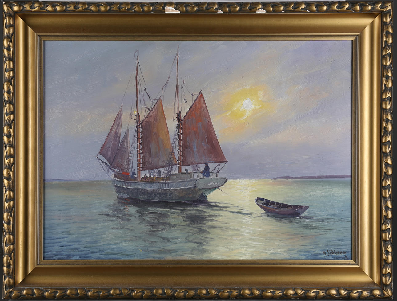 N. SJÖBERG. Fartyg i soldnedgång, olja på duk, sign.