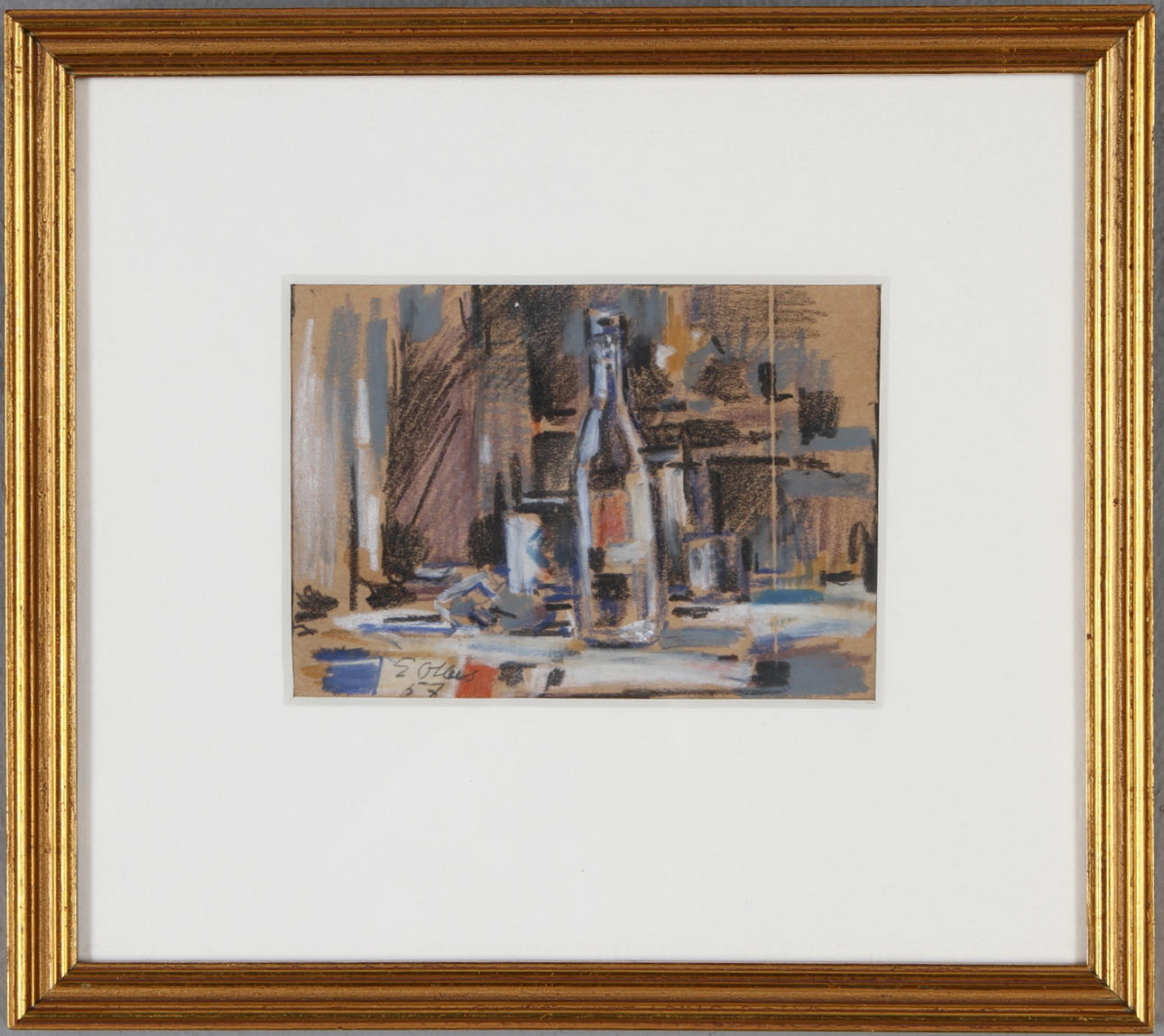 EDVIN OLLERS. Komposition med flaska, blandteknik,signerad och daterad -57.