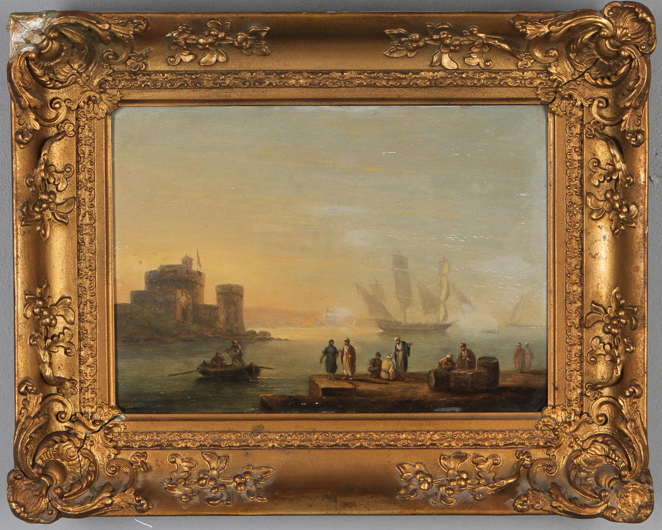 OKÄND KONSTNÄR. Kustmotiv med båtar och figurer, olja på pannå, otydligt signerad och daterad 1832.