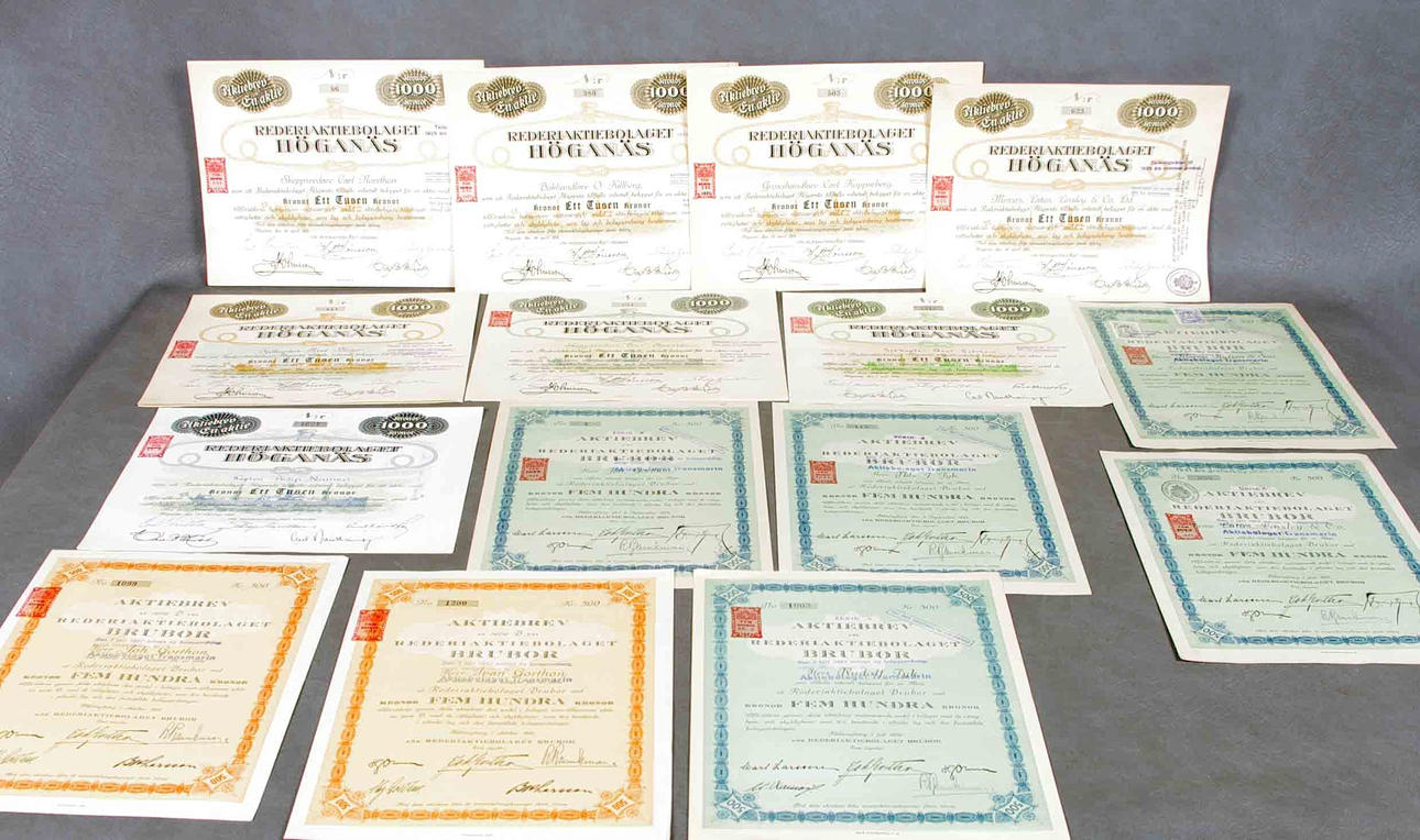 GAMLA AKTIEBREV, Rederiaktiebolaget Höganäs samt Brubor.