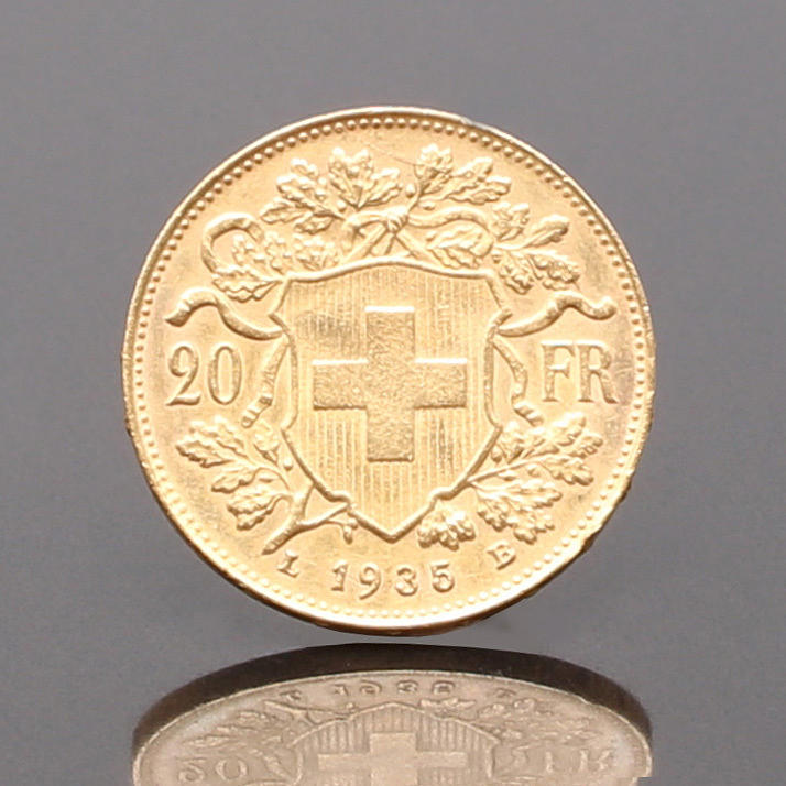 MONEDA DE ORO, Suiza, 20 Fr, 1935.