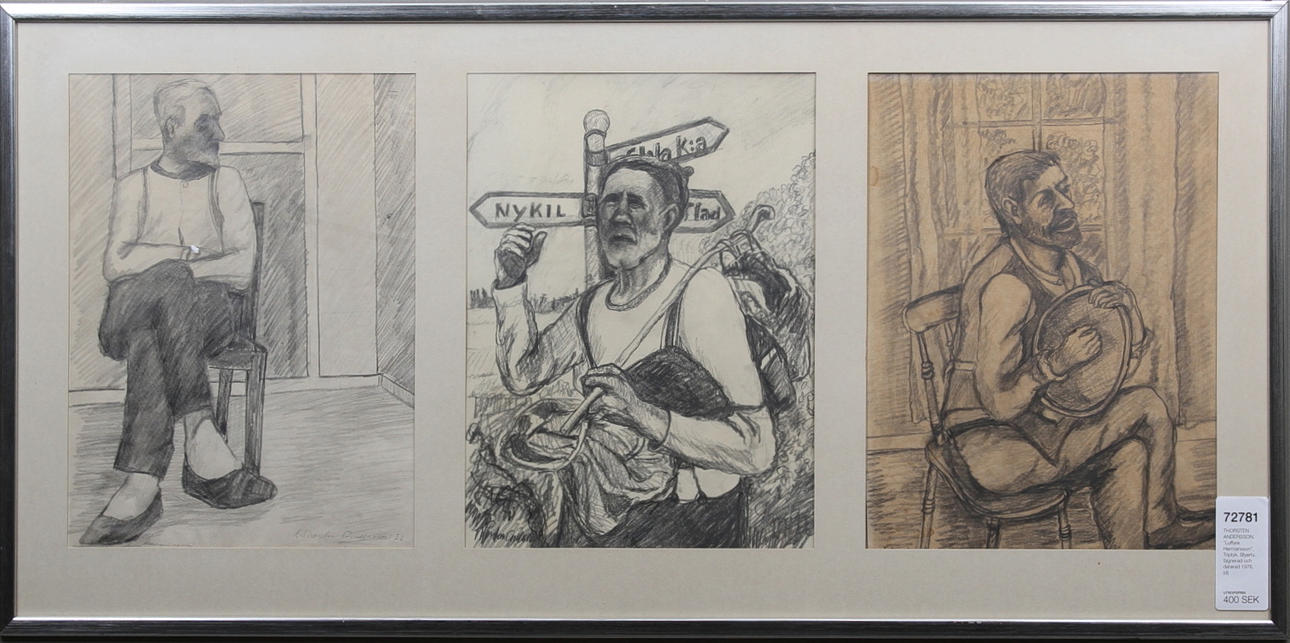 THORSTEN ANDERSSON. "Luffare Hermansson". Triptyk. Blyerts. Signerad och daterad 1976.