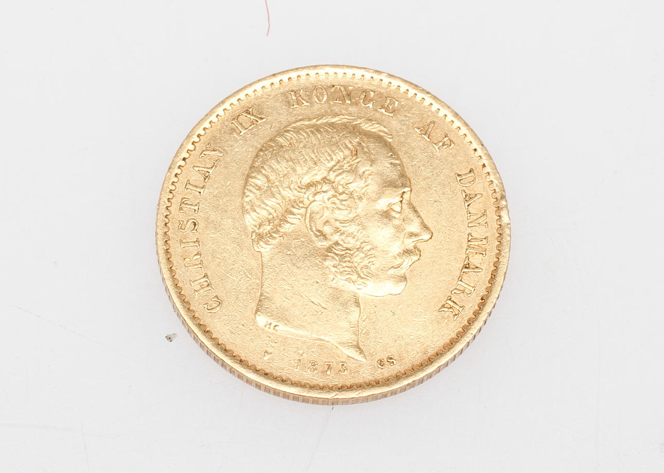 MYNT, 21,6k guld, 20kr, Danmark 1873, vikt ca 9 gram.