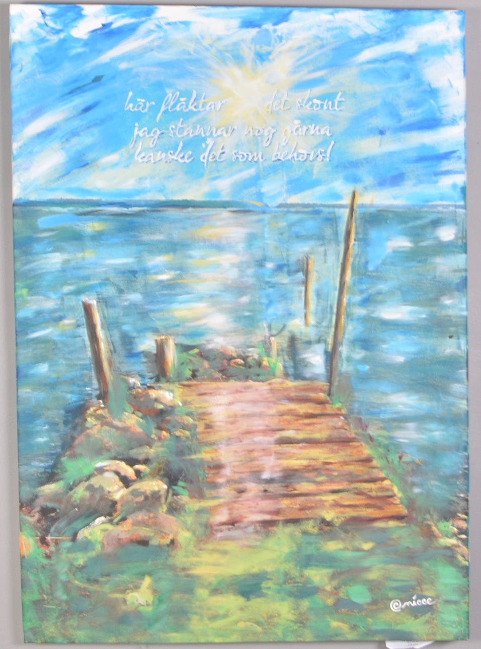 MICCE RYLANDER. Akryl på lærred, landskab med tekst.