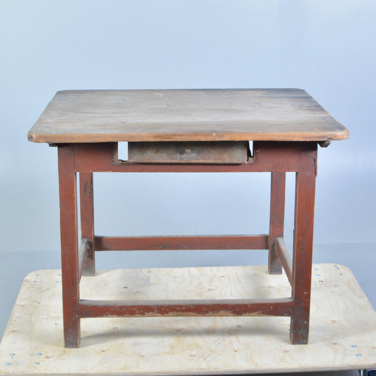 TABLE, work table, original painted, loose dowel top, box in case.