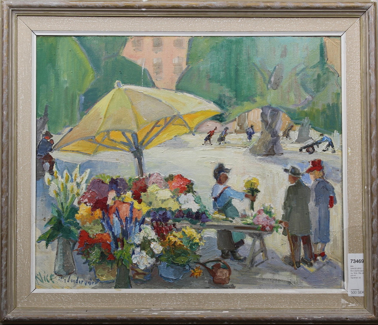 MIA SANDERGÅRD. Blomsterförsäljning, Nice. Olja på pannå. Signerad.