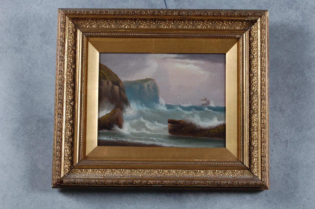 EDWARD KING REDMORE (1860-1941). " Fartyg vid kust "olja på pannå, signerad.