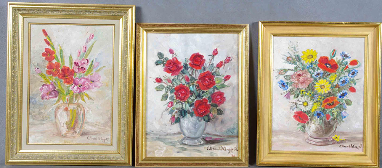 CARIN BRANDELS-ENGQVIST. 3 blomsterstilleben, olja på pannå.