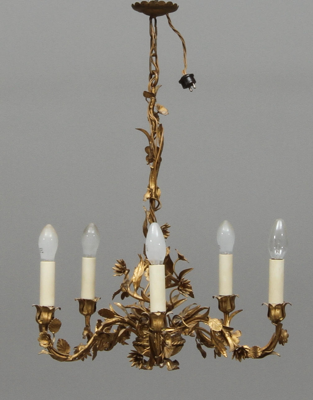 TAKLAMPA, 5 ljuspunkter, metall, 1900-tal.