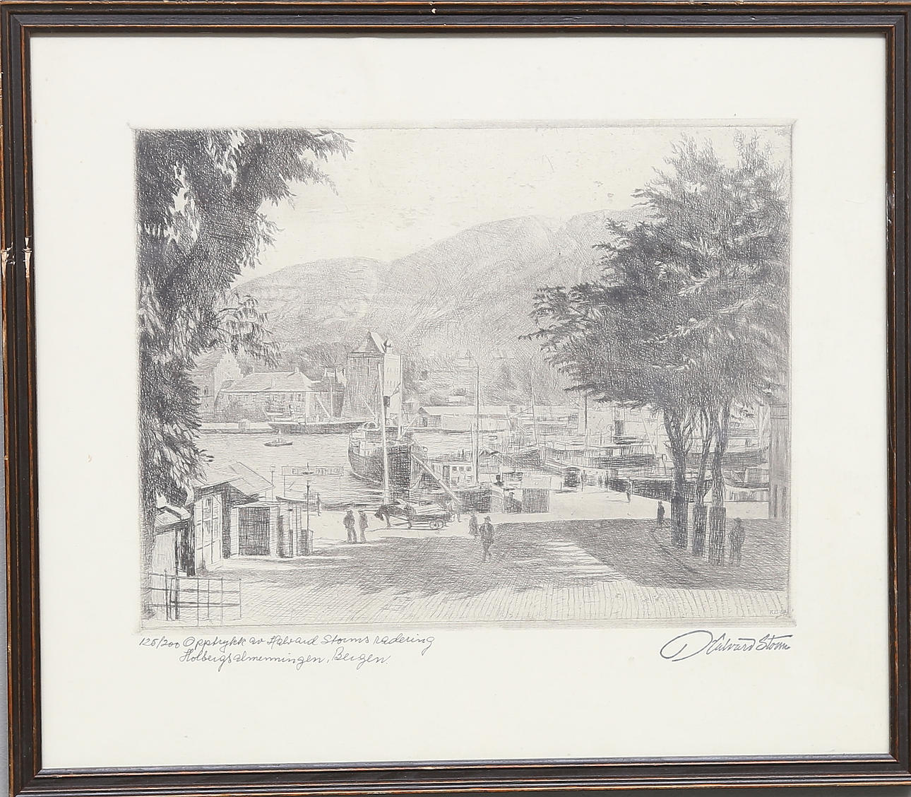 HALVARD STORM. "Holberg allmenningen Bergen". Graphic sheet, signed.