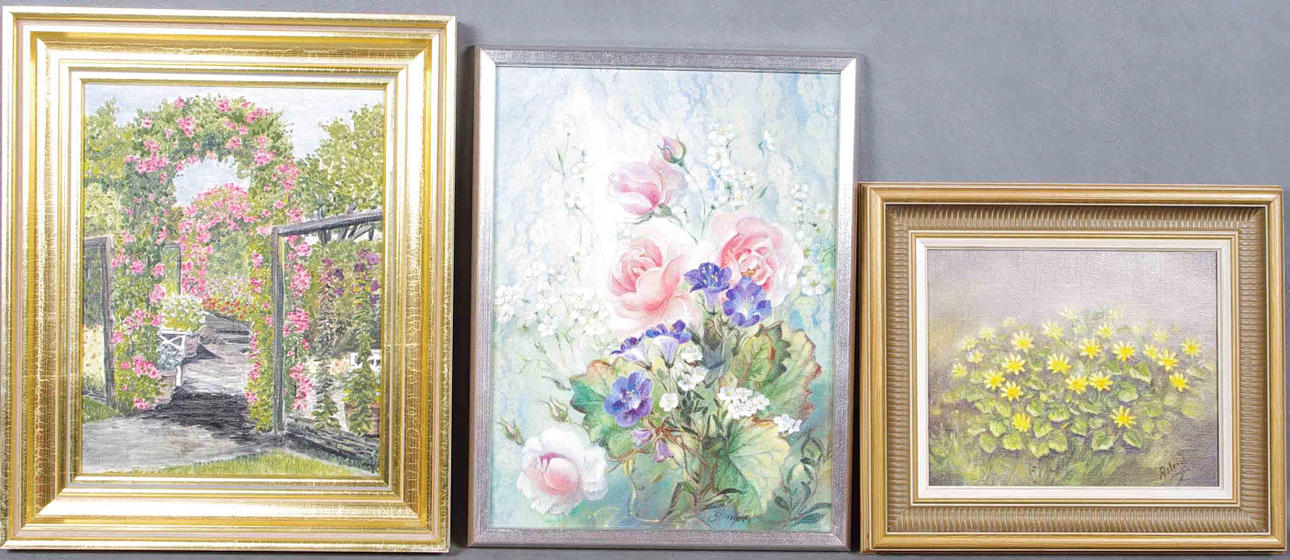 OLJEMÅLNINGAR, 3 stycken, blomsterstilleben, olja på duk.
